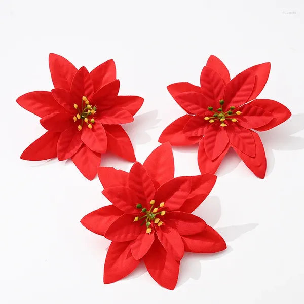 Fiori decorativi 13CM Testa di fiore di seta natalizia Oro rosso Stella di Natale bianca per fornitore di ghirlande domestiche per albero di Natale fai da te