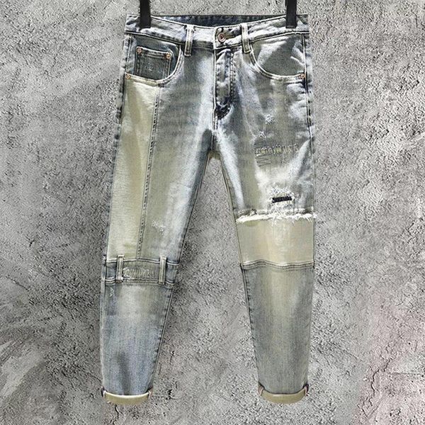 Jeans da uomo Moto Patchwork Moda Jeans strappati High Street Hip Hop Stretch Slim Autunno Designer Locomotiva retrò