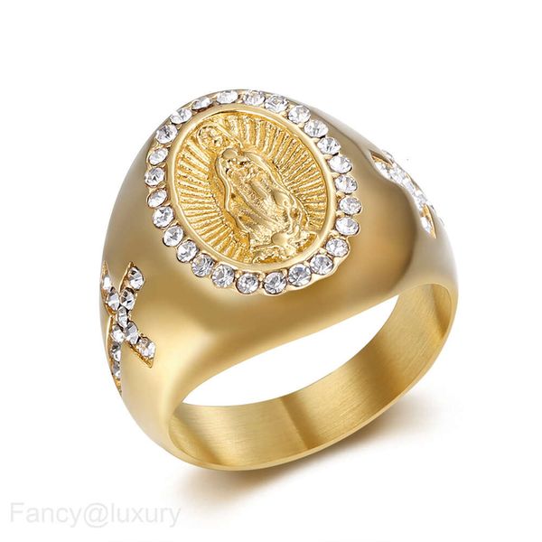 Novo hip hop jóias titânio aço banhado a ouro diamante conjunto virgem maria anel masculino