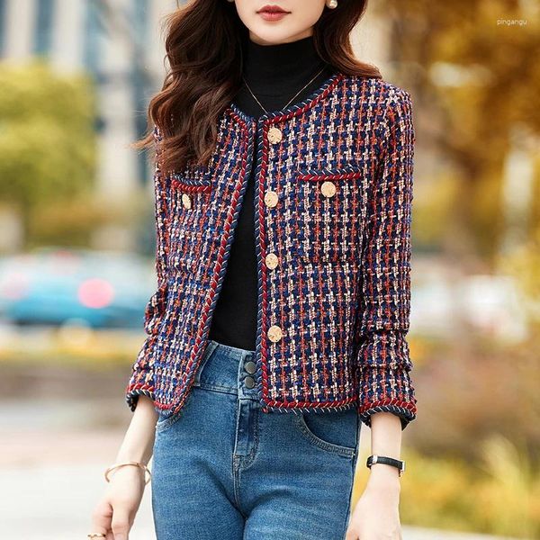 Damenjacken Luxus Tweed Jacke Frauen Frühling Herbst Elegante Vintage Langarm Weben Plaid Mantel Oberbekleidung Chaqueta Mujer