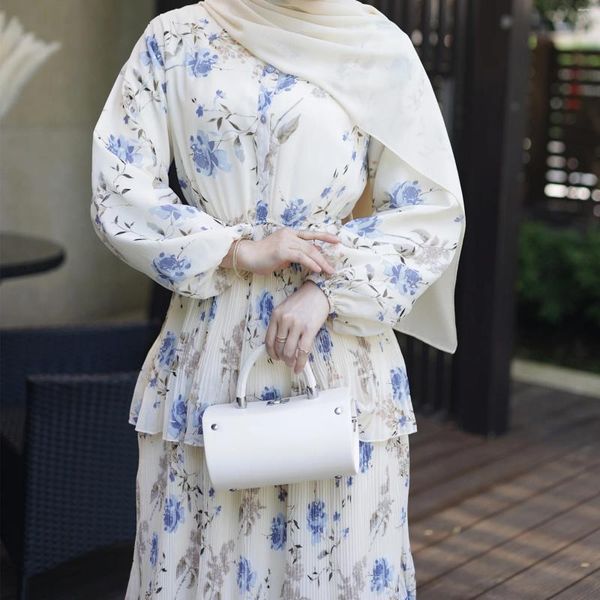 Roupas étnicas Verão Chiffon Vestido Longo Floral Impressão Plissada Camada Frill Mulheres Muçulmanas Abaya Dubai Turk Hijabi Robe Ramadan Eid Islam