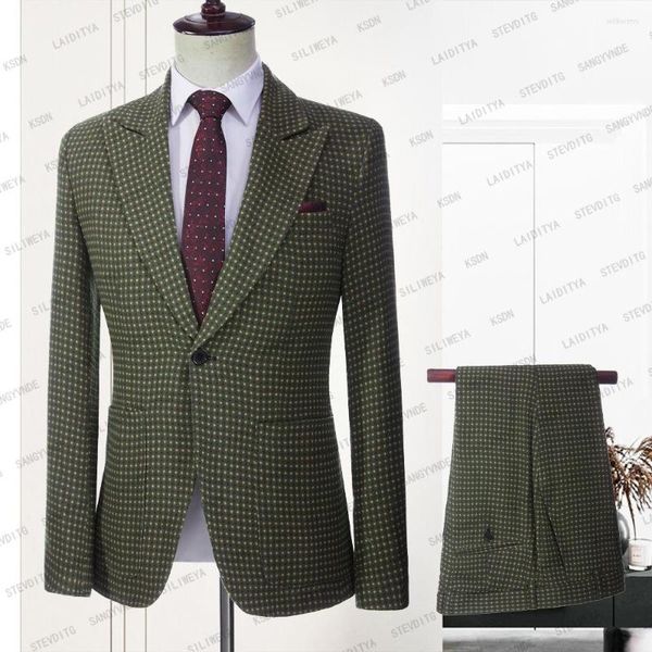 Herrenanzüge 2023 Bräutigam Hochzeitskleid Sommerfest High End Grün Leinen Gelb Rot Punkte Benutzerdefinierte Slim Fit Herren 2-teiliges Set Jacke Hose