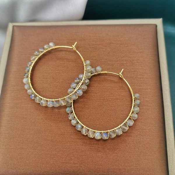 Çember Küpeler Huggie Labradorite Boho Doğal Taş 14K Altın Dolgulu Hoops Moonstone Beyanı Mücevher Teli Saray Çember Çember Kadınlar