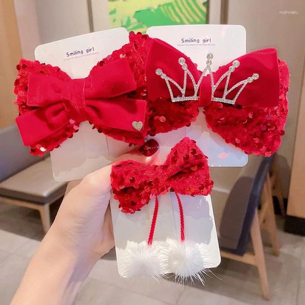 Acessórios de cabelo Crown Princess Children's Clip Lantejoulas Bowknot Girls' 3D Red Jewelry Headwear