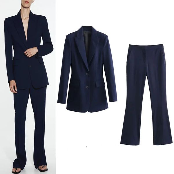 Ternos femininos blazers traf feminino blazers coreano lapela botão jaqueta mulher moda manga longa azul blazer outono em casaco e jaquetas 231121