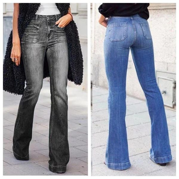 Jeans da donna elasticizzati alla moda svasati a vita alta vintage casual a tutta lunghezza slim streetwear pantaloni a gamba larga a zampa d'elefante anni '90