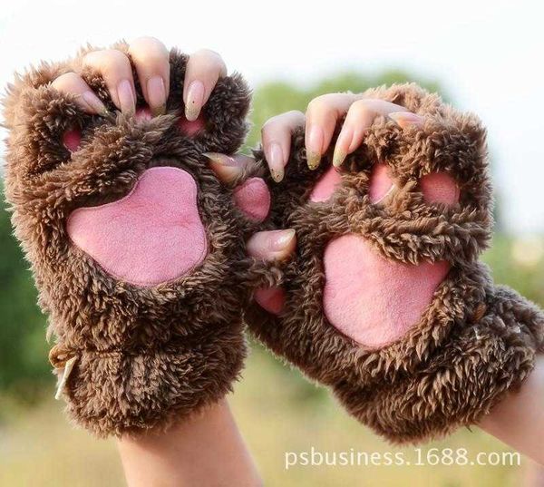 Möbelzubehör Katzenkrallenhandschuhe Winter süße Cartoon-Katzenmädchen-Handschuhe mit offenen Fingern, verdickte, flauschige Bärentatze, halber Finger