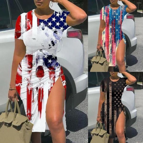 Lässige Kleider Independence Day Damen American Flag Muster Kordelzug Schlitz Schlankes Kleid 4. Juli Blumenmuster Damen Maxi