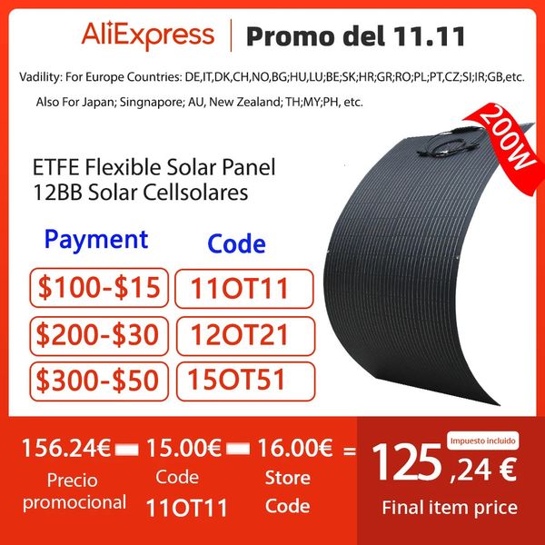 Caricabatterie Pannello solare 200W 400W 18V ETFE Cella monocristallina flessibile per caricabatteria da 12V Caricabatterie portatile 231120