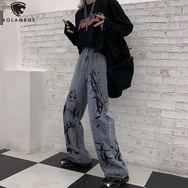 Herrenjeans Aolamegsjeans masculino casual estampa baggy retr coreano pernas largas anime cala jeans mulheres harajuku hip hop J230420