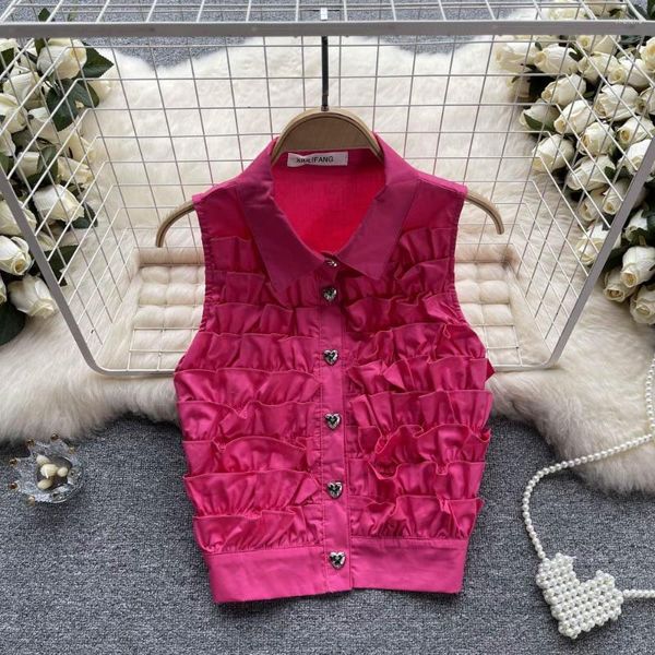 Damenblusen Damenmode Vintage Revers Ärmellos Kurze Oberteile Feminin Plissee Einfarbig Freizeitbluse Shirts Blusa Feminina K123