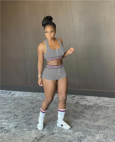 Damen-Trainingsanzüge, Sommer, Spandex, Sport, lässig, sexy, kurze Weste, ärmellos, freiliegender Nabel, Shorts, Anzug, versunkenes Streifen-Röhrenoberteil, 2-teilig