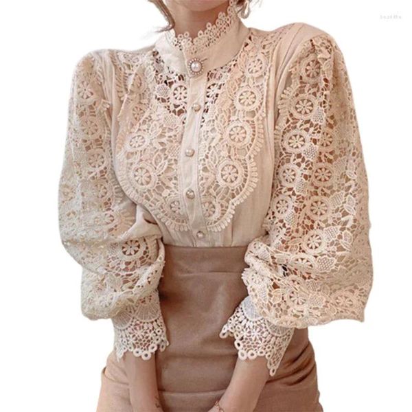 Camicette da donna Camicia elegante in pizzo floreale con bottoni di perle chic Cardigan Camicetta femminile stile dolce Colletto alla coreana Maniche svasate