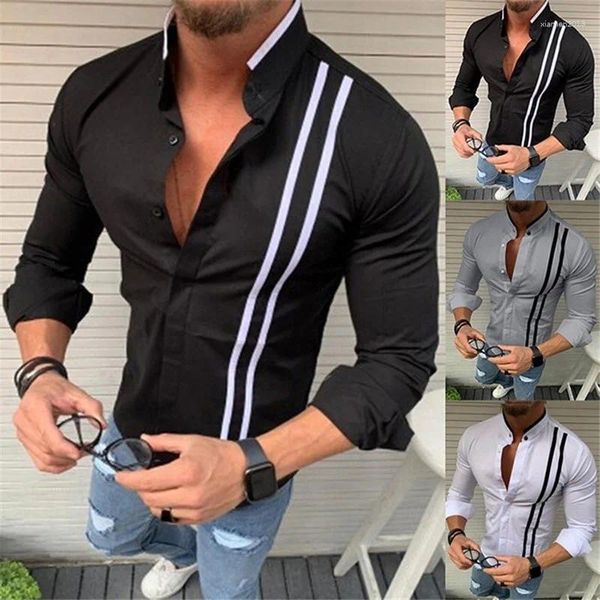 Camisas casuais masculinas 2023 primavera gola de manga longa cor listra camisa decorativa botão ajuste