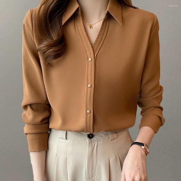 Camicette da donna Moda coreana Office Lady Camicie da donna in raso Top a manica lunga Donna Vintage Camicia bianca Camicetta Blusas Mujer Moda 2023