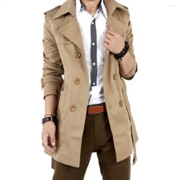 Мужские плащи, весенне-осенняя мужская куртка, стильное двубортное пальто с поясом, ветровка с карманами на лацканах, длинная длина
