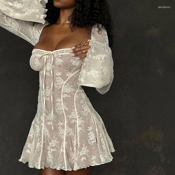 Lässige Kleider Vintage weiße Spitze Minikleid für Frauen 2023 Ausgestelltes Langarm Party Abend A-Linie Kurzer Abschlussball Elegantes Kleid