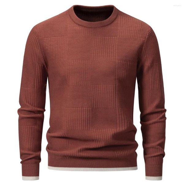 Мужские свитера, мужские клетчатые зимние теплые кирпично-красные свитера, пуловеры Homme, мужской простой повседневный облегающий повседневный образ с круглым вырезом, одежда