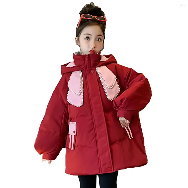 Piumino corto Parka corto Giacca invernale da ragazza Con cappuccio Moda Fiocco di perle Cotone Bambini Abiti caldi da esterno Cappotti color kaki rosso