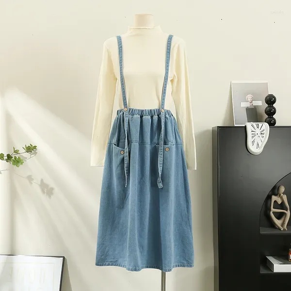 Vestidos casuais korejepo denim cinta vestido mulheres outono inverno 2023 coreano comprimento médio cintura alta meia saia idade reduzindo sling vestido