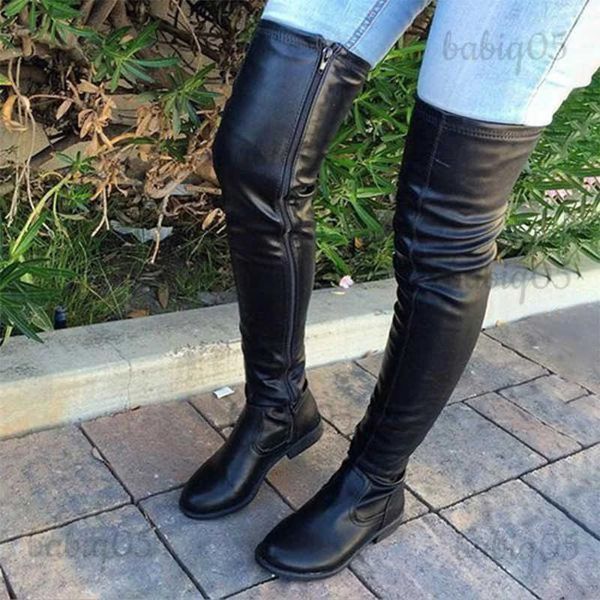 Stiefel 2023 Neue Winter Schwarz Über Das Knie Stiefel Schuhe Frauen Pu Leder Low Heels Große Größe 46 Stretch Oberschenkel hohe frau Stiefel T231121