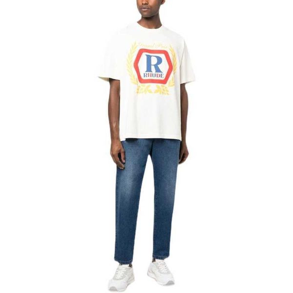 Designer de roupas de moda camisetas camisetas 2023 primavera verão novo rhude colorido impressão de letras orelha de trigo solto versátil camiseta masculina tops streetwear hip hop