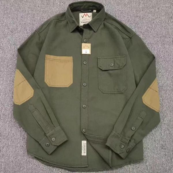 Camicie casual da uomo Toppa manica militare militare dell'esercito lavato cotone intrecciato a grana lunga Safari retrò verde stile giapponese goccia