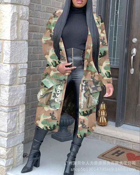 Abbigliamento da donna Trench Coat Lungo Casual Fashion Camouflage Stampato Patch Primavera Autunno Tasche Giacca 230421