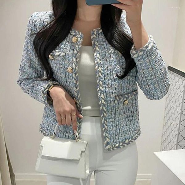 Jaquetas femininas pequena fragrância retro em torno do pescoço rosa torções manga tweed casaco chaqueta mujer azul branco ropa roupas moda jaqueta topos