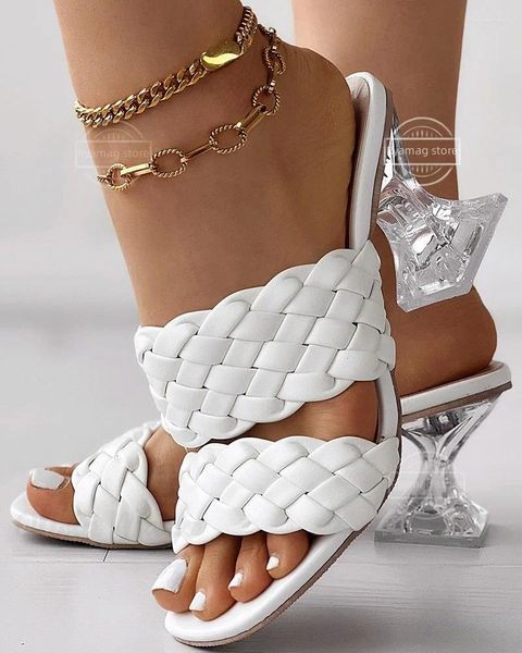 Kleidschuhe Hausschuhe Damen Sandalen Pantoletten Klare Pyramidenabsätze mit doppelt geflochtenen Riemen 7 cm transparente Fretwork Frauen weiblich