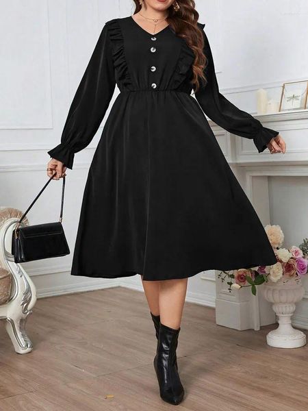 Plus size vestidos uma linha para mulheres preto com decote em v manga longa alargamento botão até cintura alta casual escritório midi vestidos de baile outono 2023