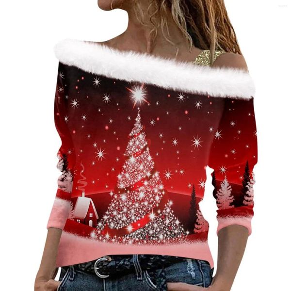 Camisetas femininas camiseta árvore de natal roupas impressas para senhoras gola de pele de inverno skew pescoço blusa solta festival pulôver topos