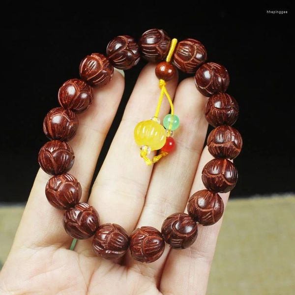 Strand S Bracciale in legno di sandalo naturale con sangue Buddha Ciondolo fiore di loto Meditazione Crea perline di legno Gioielli da donna e da uomo