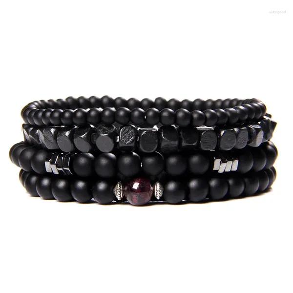 Strand Vintage Çok Katmanlı Doğal Taş Boncuklar Bilezik Erkekler İçin Set Siyah Onyx Lav Garnet Sargı Deri Cazibe Takı Pulsera