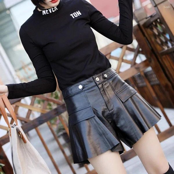 Pantaloni da donna vera pelle vera pantaloncini di pelle di pecora per donne gamba larga aline coreana streetwear ropa para mujer sgg