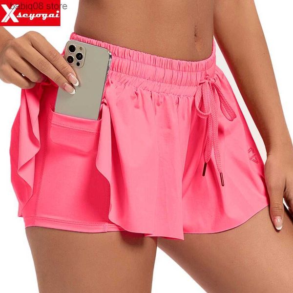 Yoga Outfit Damen High Waist Stretch Athletic Workout Active Fitness Volleyball Shorts 2 in 1 Running Double Layer Sport Shorts T230421