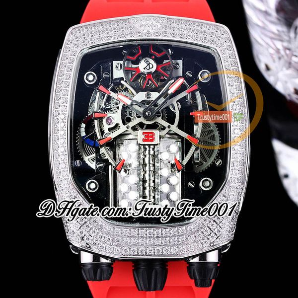 Мужские часы Bugatti Chiron Tourbillon Autoamtic, 16-цилиндровый скелетонизированный циферблат с бриллиантами, инкрустация корпусом, красный резиновый ремешок, Trustytime001Часы BU200.30