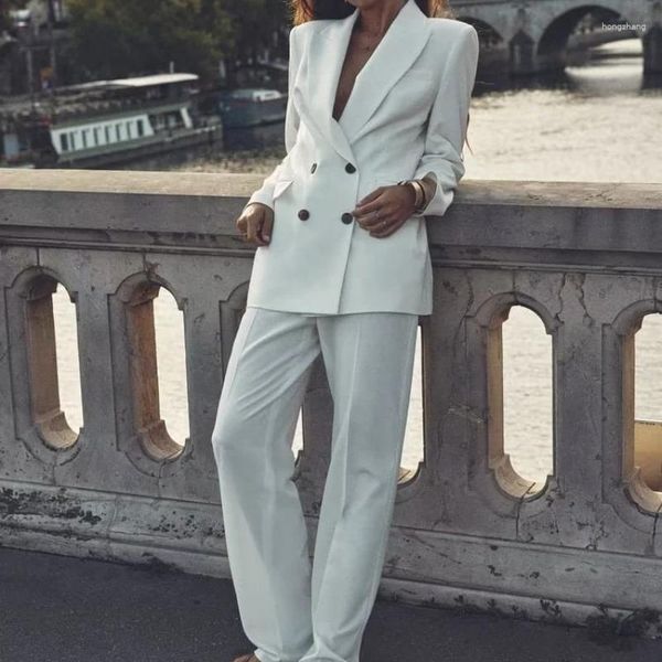 Kadın Suits 2023 Sonbahar Moda Orta Uzunluklu Çift Kırık İnce Blazer/Yelek/Pantolon Kadınlar için