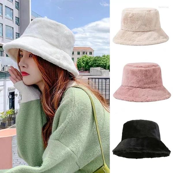 Berretti Moda Donna Cappello a secchiello in morbida pelliccia Inverno Caldo Morbido Peluche Pescatore Panama Cap Femme Vintage Nero Bob Sunbonnet Streetwear