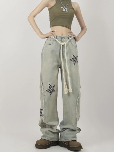 Jeans da donna di nicchia Design Sense Star American Style Street Pantaloni a gamba dritta retrò alti