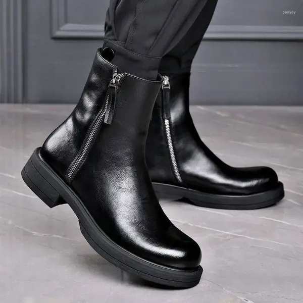 Stiefel Männer Mode Hohe Motorrad Schwarz Braun Wolle Schuhe Cowboy Herbst Winter Boot Hübsche Plattform Echtes Leder Botas Mans