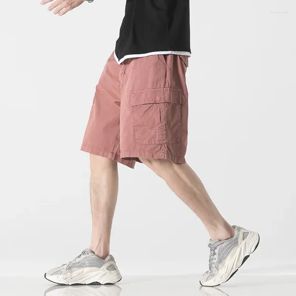 Мужские спортивные костюмы Elmsk, летние свободные модные повседневные шорты с большими карманами, розовые корейские хлопковые капри на молнии с эластичной веревкой