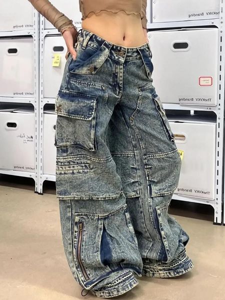 Kadınlar Kot Techwear Jogger Kargo Denim Pant Flep Cep Yüksek Bel Y2K Pantolon Harajuku Street Erkek Arkadaş Gevşek Düz Bol Plus Boyut
