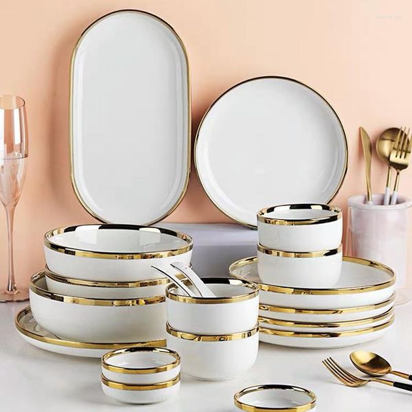Placas de porcelana branca para o jantar conjunto de pratos Salada Sopa Sopa Cerâmica e tigelas Serviço de utensílios de mesa 4/6/8