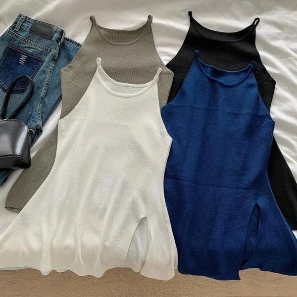 Regatas femininas temperamento suspensórios fenda camis versátil malha regatas sem mangas colete camisola casual malhas branco estilingue costela camisetas