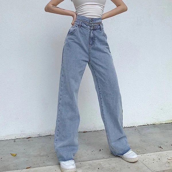 Calças de brim femininas 2023 mulheres sexy oco cintura alta casual perna larga cinto solto harajuku em linha reta cor sólida calças jeans longas streetwear