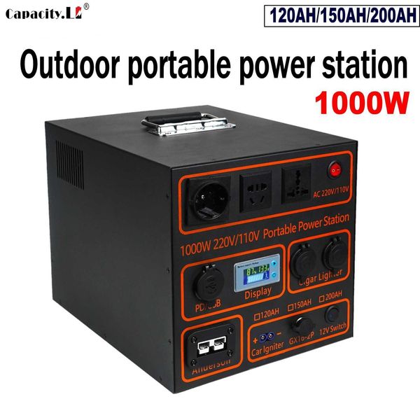 12V200AH Centrale elettrica portatile 120AH Batteria Lifepo4 150AH 220V 1000W Inverter per motore solare per camper Campeggio esterno