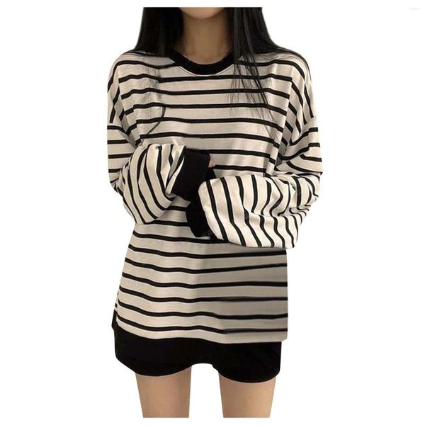 T-shirt da donna Top da donna Felpa sottile per tutte le stagioni Tinta unita Girocollo Pullover Camicia a maniche lunghe a righe