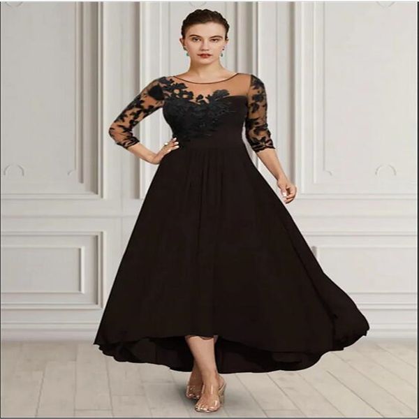 Clássico elegante preto vestidos de noite longo mãe da noiva vestido meia manga apliques renda a linha festa vestidos de baile