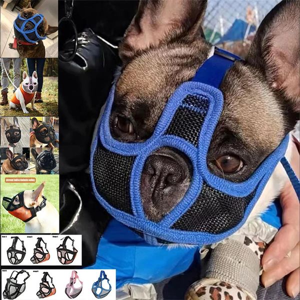 Köpek yakaları taslaklar fransız bulldog namlular ayarlanabilir evcil hayvan ağız koruyucusu nefes alabilen ağ namlu anti durdurma havlama malzemeleri ısırmayı önlemek 231120